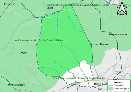 Carte des ZNIEFF de type 1 sur la commune.