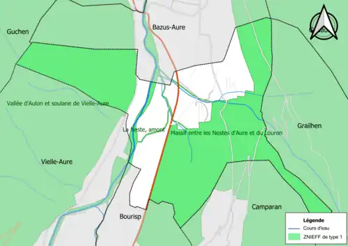 Carte des ZNIEFF de type 1 sur la commune.