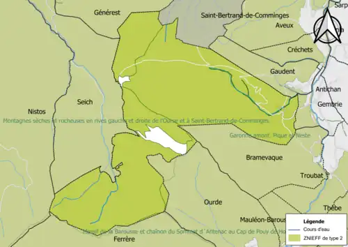 Carte des ZNIEFF de type 2 sur la commune.