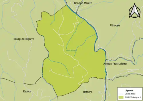 Carte de la ZNIEFF de type 2 sur la commune.