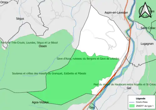 Carte des ZNIEFF de type 1 sur la commune.