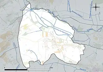 Carte en couleur présentant le réseau hydrographique de la commune