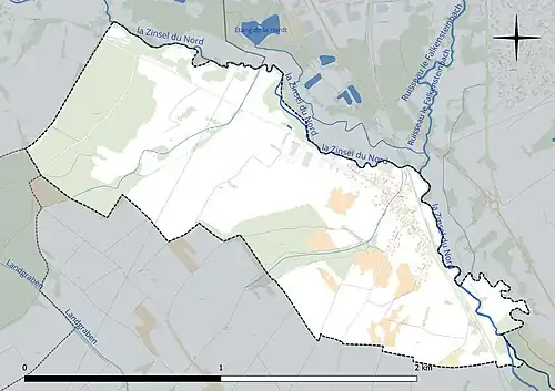 Carte en couleur présentant le réseau hydrographique de la commune
