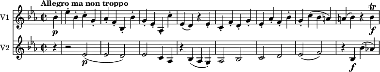 << \new Staff \with { instrumentName = #"V1 "}
\relative c'' {
\version "2.18.2"
\key ees \major
\tempo "Allegro ma non troppo"
\time 2/2
\tempo 4 = 160
\partial 4 bes4-.\p ees-. bes-. c-. g-.
aes-. f-. bes,-. bes'-.
g-. ees-. aes,-. c'-.
ees, (d) r ees-.
c-. f-. d-. g-.
ees-. aes-. f-. bes-.
g-. c (bes a)
a (bes) r bes \f \trill
}
\new Staff \with { instrumentName = #"V2 "} \relative c' {
\key ees \major
\partial 4
r4 r2
ees2 \p (ees d)
ees c4 aes
r bes (aes g)
aes2 bes c d ees (f)
r4 bes,\f bes' (aes!)
}
>>