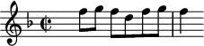 
\version "2.18.2"
\header {
  tagline = ##f
}

\score {
  \new Staff \with {

  }
<<
  \relative c'' {
    \key d \minor
    \time 2/2
    \override TupletBracket #'bracket-visibility = ##f 

     %%%%%% K. 552, motif
     s4 f8 g f d f g | f4 

  }
>>
  \layout {
     \context { \Score \remove "Metronome_mark_engraver" }
  }
}
