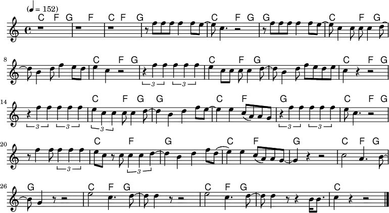 <<
\new ChordNames \chordmode {
c2 f4 g2.
f2
c4 f2 g4*5
c2 f4 g
g1
c2 f4 g4*5
c2 f4 g4*5
c2 f4 g4*5
c2 f4 g4*5
c2 f4 g4
g1
c2 f
g1
c2 f4 g4*5
c2 f
g1
c2 f
g1
c2 f4 g
g1
c2 f4 g4*5
c2 f4 g4*5
c1
}
\new Staff {
\relative c'' {
\tempo "" 4=152
r1 r r
r8 f f f f4 f8 e~
e c4. r2
r8 f f f f4 f8 e~
e c4 c8 c c4 d8~
d b4 d8 f4 e8 d
e4 c r2
\times 2/3 { r4 f f } \times 2/3 { f f f }
e c8 c c c4 d8~
d b4 d8 f e d e
c4 r r2
\times 2/3 { r4 f f } \times 2/3 { f f f }
\times 2/3 { e c c } c8 c4 d8~
d4 b d f8 e~
e4 e c8( a) a g
\times 2/3 { r4 f' f } \times 2/3 { f f f }
e8 c4. r2
r8 f4 f8 \times 2/3 { f4 f f }
e8 c r c \times 2/3 { c4 c d~ }
d b d f8 d(
e4) e c8( a) a g~
g4 r r2
c2 a4. b8~
b g4 r8 r2
e'2 c4. d8~
d d4 r8 r2
e2 c4. d8~
d d4 r8 r4 b16 b8.
c4 r r2 \bar "|."
}
}
>>