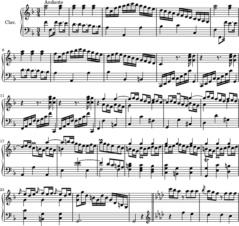 \version "2.18.2"
\header {
tagline = ##f
% composer = "Domenico Scarlatti"
% opus = "K. 296"
% meter = "Andante"
}
%% les petites notes
trillBesq = { \tag #'print { bes8\prall } \tag #'midi { c64 bes c bes~ bes16 } }
trillAq = { \tag #'print { a8\prall } \tag #'midi { bes64 a bes a~ a16 } }
trillCq = { \tag #'print { c8\prall } \tag #'midi { d64 c d c~ c16 } }
upper = \relative c'' {
\clef treble
\key f \major
\time 3/4
\tempo 4 = 66
\set Staff.midiInstrument = #"harpsichord"
\override TupletBracket.bracket-visibility = ##f
s8*0^\markup{Andante}
< f a >2 q4 q q q | f16 c f g a bes c bes a g f e |
% ms. 4
d16 c bes a g f e d c bes a g |
< f'' a >2 q4 q q q | f16 c f g a bes c bes a g f e |
% ms. 8
d16 e f e d c bes a g f e d | c4 \repeat unfold 2 { r8. < g' c e >16~ < g d' >4 | r4 }
% ms. 11
\repeat unfold 2 { r8. < c f a >16~ < c g' >4 | r4 }
<< { f4 f4~ | f8 g16 f e8 d16 c e8 d16 c~ | c8 d16 c }
\\ { \repeat unfold 2 { a8 g16 f } | g4 s4 c4 } >> \trillBesq a16 g
% ms. 15 suite…
<< { g'4~ | g8 a16 g f8 e16 d f8 e16 d~ | d8 e16 d } \\ { bes8 a16 g | a4 s4 d4 } >> | \trillCq b16 a << { a'4~ | a8 b16 a } \\ { c,8 b16 a | b4 } >> | g'8 f16 e e8 f16 e | \trillAq g8 f e d c |
% ms. 20
<< { \repeat unfold 9 { g'4 } } \\ { b,8 a16 g \trillCq b16 c d8 c16 d | e8 d16 e f8 e16 d e8 d16 c | b8\trill a16 g \trillCq b16 c d8 c16 d } >> | << { \acciaccatura f8 e8 d16 e \acciaccatura g8 f8 e16 f \acciaccatura f8 e8 d16 e } \\ { g,4 g g } >>
% ms. 24
< g d' >8 g'16 d b g d' b g d b g s2. \bar "||" \key f \minor c''16 bes aes8 r8 aes8 aes aes \acciaccatura bes8 aes16 g f8 r8 f8 f f |
}
lower = \relative c' {
\clef bass
\key f \major
\time 3/4
\set Staff.midiInstrument = #"harpsichord"
\override TupletBracket.bracket-visibility = ##f
% ************************************** \appoggiatura a16 \repeat unfold 2 { } \times 2/3 { } \omit TupletNumber
f4 f,8. f'16 e8. e16 | d8. d16 c8. c16 bes8. bes16 | a4 a, a' |
% ms. 4
bes4 c c, | f f,8. f''16 e8. e16 | d8. d16 c8. c16 bes8. bes16 | a4 a, a' |
% ms. 8
bes4 bes, b | \repeat unfold 2 { c,16 e g c c e g c g,4 }
% ms. 11
\repeat unfold 2 { f16 a c f f a c f c,,4 } | f4 f' b, | c c' fis, | g, g' cis, |
% ms. 16
d4 d' gis, | a, a' a, | e' << { e'2~ | e4 d8 c b a } \\ { e'4 e, | f2 f4 } >>
% ms. 20
< f b d >4 < e g c > < d f b > | < c g' c > < b g' > < c g' > | < g g' > < e' c' > < d b' > | < c c' > < b g' > < c g' > |
% ms. 24
g2. | g2 r4 \clef treble \key f \minor | r4 f'''4 ees | des des c |
}
thePianoStaff = \new PianoStaff <<
\set PianoStaff.instrumentName = #"Clav."
\new Staff = "upper" \upper
\new Staff = "lower" \lower
>>
\score {
\keepWithTag #'print \thePianoStaff
\layout {
#(layout-set-staff-size 17)
\context {
\Score
\override SpacingSpanner.common-shortest-duration = #(ly:make-moment 1/2)
\remove "Metronome_mark_engraver"
}
}
}
\score {
\keepWithTag #'midi \thePianoStaff
\midi { }
}