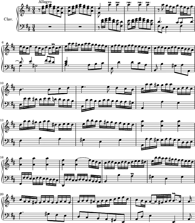 \version "2.18.2"
\header {
tagline = ##f
}
%% les petites notes
trillAup = { \tag #'print { a'4\prall } \tag #'midi { \times 2/3 { b32 a b } a16~ a8 } }
trillApar = { \tag #'print { a4-\parenthesize\prall } \tag #'midi { \times 2/3 { b32 a b } a16~ a8 } }
trillDqq = { \tag #'print { d16\prall } \tag #'midi { \times 2/3 { d32 e d } } }
trillA = { \tag #'print { a4\prall } \tag #'midi { \times 2/3 { b32 a b } a16~ a8 } }
trillBq = { \tag #'print { b8.\prall } \tag #'midi { \times 2/3 { b32 cis b~ } b16~ b16 } }
upper = \relative c'' {
\clef treble
\key d \major
\time 3/4
\tempo 4 = 82
\set Staff.midiInstrument = #"harpsichord"
s8*0^\markup{Allegro} r8 < d fis >16 < e g > < fis a >8 < d fis > < a e ' > < fis d' > | < a e' > < d fis >16 < e g > < fis a >8 < e g > < d fis > < a e' > | << { d4 } \\ { fis,8 } >> \trillAup \repeat unfold 4 { \trillApar }
% ms. 5
r8 a8 g32 fis e16 g8 fis32 e d16 fis8 | e32 d cis16 e8 d32 cis b16 d8 cis \trillDqq cis32 \tempo 4 = 70 d | e16 \tempo 4 = 82 a a gis gis a a gis gis fis fis e |
% ms. 8
\repeat unfold 2 { e16 fis fis e } e d d cis | \repeat unfold 2 { cis16 d d cis } cis b b a | b4. b8 cis d | e4. e8 d cis16 b |
% ms. 12
cis16 a' a gis gis a a cis, cis d d cis | d a' a gis gis a a dis, dis e e dis | e b' b a a gis gis fis fis e e d |
% ms. 15
< cis a' >4 q q | < a a'> q q | < a fis' > q~ fis'16 e d cis |
% ms. 18
\repeat unfold 2 { cis16 d d cis } d e e dis | e b' b a a gis gis fis fis e e d | cis16 a a gis \repeat unfold 2 { gis a a gis } |
% ms. 21
a16 b b ais ais b b cis d e fis d | cis8 b16 a a8~ a32 gis a b \trillBq a16 | a16
}
lower = \relative c' {
\clef bass
\key d \major
\time 3/4
\set Staff.midiInstrument = #"harpsichord"
% **************************************
R2.*2 | r8 < d fis >16 < e g > < fis a >8 < d fis > < a e ' > < fis d' > | < a e' > < d fis >16 < e g > < fis a >8 < e g > < d fis > < a e' > | << { d4. cis8 cis d~ | d e4 fis8 e d < cis e >4 } \\ { fis,8 d e4 fis | g gis2 | a4. a8 b cis } >>
% ms. 8
d,8 d'4 d8 cis a | b,8 b'4 gis8 a a, | e'16 e' e dis dis e e d d cis cis b | cis, cis' cis b b cis cis b b a a gis |
% ms. 12
a,4 a' g | fis b a | gis e gis |
% ms. 15
a,16 a' a gis gis a a gis gis d d e | fis, fis' fis e e fis fis e e d d cis | d, d' d cis cis d d cis cis b b a |
% ms. 18
b4 b' \trillA | gis4 e gis | a4. gis8 fis e | d8 cis b a gis e | a d \tempo 4 = 72 e4 e, | a8
}
thePianoStaff = \new PianoStaff <<
\set PianoStaff.instrumentName = #"Clav."
\new Staff = "upper" \upper
\new Staff = "lower" \lower
>>
\score {
\keepWithTag #'print \thePianoStaff
\layout {
#(layout-set-staff-size 17)
\context {
\Score
\override SpacingSpanner.common-shortest-duration = #(ly:make-moment 1/2)
\remove "Metronome_mark_engraver"
}
}
}
\score {
\keepWithTag #'midi \thePianoStaff
\midi { }
}