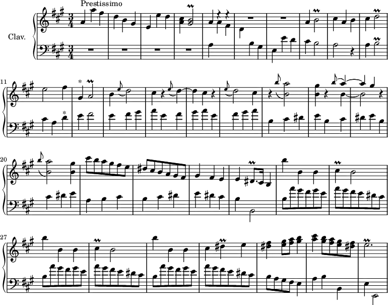 \version "2.18.2"
\header {
tagline = ##f
% composer = "Domenico Scarlatti"
% opus = "K. 537"
% meter = "Prestissimo"
}
%% les petites notes
trillGisBb = { \tag #'print { < gis b >2\prall } \tag #'midi { << { cis16 b cis b~ b4 } \\ { gis2 } >> } }
trillBb = { \tag #'print { b2\prall } \tag #'midi { cis16 b cis b~ b4 } }
trillDb = { \tag #'print { d2\prall } \tag #'midi { e16 d e d~ d4 } }
trillAb = { \tag #'print { a2\prall } \tag #'midi { b16 a b a~ a4 } }
trillDisqp = { \tag #'print { dis8.\prall } \tag #'midi { \times 2/3 { dis16 e dis~ } dis16 } }
trillCis = { \tag #'print { cis4\prall } \tag #'midi { d16 cis d cis } }
trillDis = { \tag #'print { dis4\prall } \tag #'midi { e16 dis e dis } }
trillEbp = { \tag #'print { e2.\prall } \tag #'midi { fis16 e fis e~ e2 } }
upper = \relative c'' {
\clef treble
\key a \major
\time 3/4
\tempo 4 = 230 % Tempo de Ross
\set Staff.midiInstrument = #"harpsichord"
\override TupletBracket.bracket-visibility = ##f
s8*0^\markup{Prestissimo}
a4 a' fis d b gis | e e' d | < a cis > \trillGisBb | a4 e'4\rest e4\rest | R2.*2 |
% ms. 8
a,4 \trillBb | cis4 a b | cis \trillDb | e2 fis4 | gis,4^\markup{*} \trillAb | b4 \appoggiatura e8 d2 |
% ms. 14
cis4 r4 \appoggiatura e8 d4~ | d cis r4 | \appoggiatura e8 d2 cis4 |
% ms. 17
r4 \appoggiatura b'8 < b, a' >2 | < b gis' >4 r4 << { \appoggiatura b'8 a4~ | a4 gis } \\ { b,4~ | b2 } >> r4 | \appoggiatura b'8 < b, a' >2 < b gis' >4
% ms. 21
cis'8 b a gis fis e | dis cis b a gis fis | gis4 fis e | e \trillDisqp cis16 \tempo 4 = 120 b4 \tempo 4 = 230 | \repeat unfold 2 { b''4 b, b | \trillCis b2 } |
% ms. 29
b'4 b, b | cis \trillDis e4 | <dis fis >4 < e gis >8 < fis a > < gis b >4 | < a cis >4 < gis b >8 < fis a > < e gis > < dis fis >
% m. 33
\trillEbp
}
lower = \relative c' {
\clef bass
\key a \major
\time 3/4
\set Staff.midiInstrument = #"harpsichord"
\override TupletBracket.bracket-visibility = ##f
% **************************************
R2.*4 | a4 \stemDown \change Staff = "upper" a' fis d \change Staff = "lower" b gis |
% ms. 7
e4 e' d | cis b2 | a r4 | a \trillBb | cis4 a d^\markup{*} | e fis2 | \repeat unfold 3 { e4 fis gis |
% ms. 14
a4 } | \repeat unfold 3 { b,4 cis dis e }
% ms. 21
a,4 b cis | b cis dis | e dis cis | b b,2 | \repeat unfold 3 { b'8 a' gis fis gis e | a gis fis e dis cis } |
% ms. 31
b8 a gis fis e4 | a4 b b, |
% ms. 33
e4 e,2 |
}
thePianoStaff = \new PianoStaff <<
\set PianoStaff.instrumentName = #"Clav."
\new Staff = "upper" \upper
\new Staff = "lower" \lower
>>
\score {
\keepWithTag #'print \thePianoStaff
\layout {
#(layout-set-staff-size 17)
\context {
\Score
\override SpacingSpanner.common-shortest-duration = #(ly:make-moment 1/2)
\remove "Metronome_mark_engraver"
}
}
}
\score {
\keepWithTag #'midi \thePianoStaff
\midi { }
}