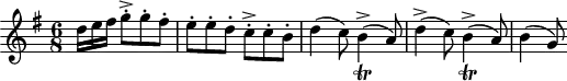 \version "2.18.2"
\header {
tagline = ##f
}
\score {
\new Staff \with {
}
% Trillbq = { \tag #'print b4->_\trill( \tag #'midi { b16 a b a } }
<<
\relative c'' {
\key g \major
\time 6/8
\override TupletBracket #'bracket-visibility = ##f
%%% Piatti, Bergamasca
\partial 16*9 d16 e fis g8-.-> g-. fis-. e-. e-. d-. c-.-> c-. b-. | d4( c8) b4->_\trill( a8)
d4->( c8) b4->_\trill( a8) b4( g8)
}
>>
\layout {
\context { \Score
\remove "Metronome_mark_engraver" }
}
\midi { \tempo 4. = 100 }
}