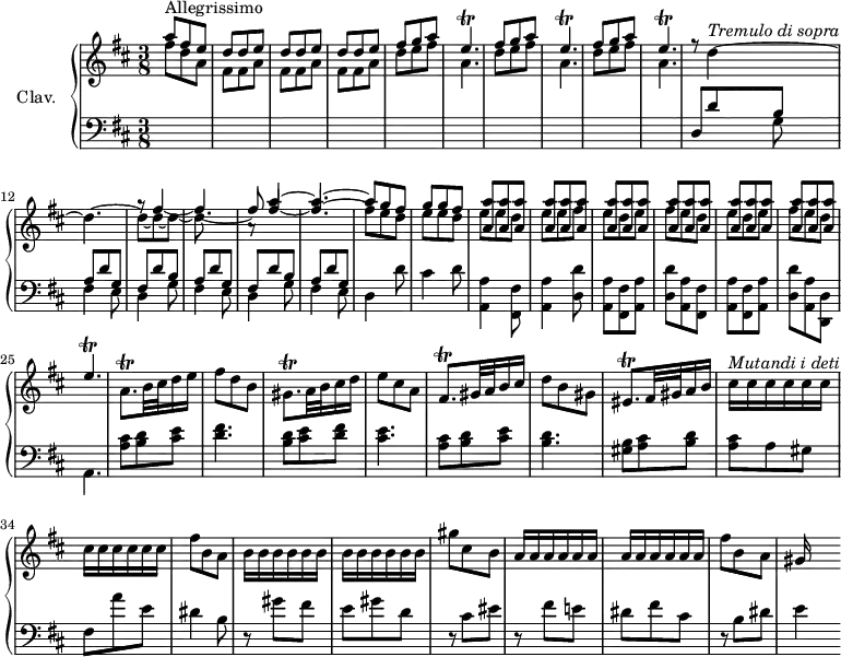 \version "2.18.2"
\header {
tagline = ##f
}
%% les petites notes
%trillE = { \tag #'print { e4.\trill } \tag #'midi { \repeat unfold 3 { fis16 e } } }
%trillEarr = { \tag #'print { e4.\trill } \tag #'midi { \repeat unfold 2 { fis16 e } fis16 \tempo 4. = 20 e \tempo 4. = 106 } }
trillE = { \tag #'print { e4.\trill } \tag #'midi { \times 2/3 { fis16 e fis e fis16 e~ } e8 } }
trillEarr = { \tag #'print { e4.\trill } \tag #'midi { \times 2/3 { fis16 e fis e fis e~ } fis16 \tempo 4. = 20 e \tempo 4. = 106 } }
trillA = { \tag #'print { a8.\trill } \tag #'midi { \times 2/3 { b16 a b } \tempo 4. = 96 a \tempo 4. = 106 } }
trillGis = { \tag #'print { gis8.\trill } \tag #'midi { \times 2/3 { a16 gis a } gis } }
trillFis = { \tag #'print { fis8.\trill } \tag #'midi { \times 2/3 { gis16 fis gis } fis } }
trillEis = { \tag #'print { eis8.\trill } \tag #'midi { \times 2/3 { fis16 eis fis } eis } }
tremD = { \tag #'print { d4~^\markup{\italic "Tremulo di sopra"} d4.~ } \tag #'midi { \repeat unfold 5 { e16 d } } }
tremFis = { \tag #'print { fis4~ fis4.~ } \tag #'midi { \repeat unfold 5 { g16 fis } } }
tremA = { \tag #'print { a'4~ a4.~ } \tag #'midi { \repeat unfold 5 { b16 a } } }
upper = \relative c'' {
\clef treble
\key d \major
\time 3/8
\tempo 4. = 106
\set Staff.midiInstrument = #"harpsichord"
<< { a'8^"Allegrissimo" fis e \repeat unfold 3 { d d e } \repeat unfold 2 { fis g a \trillE } fis g a \trillE \tempo 4. = 100 } \\ { fis8 d a \repeat unfold 3 { fis fis a } \repeat unfold 3 { d8 e fis a,4. } } >>
<< { s4.*4 a8\rest \tremA a8 g fis g g fis } \\ { s4.*2 g8\rest \stemUp \tremFis fis8 fis4~ fis4.^~ \stemDown fis8 e d e e d } \\ { r8 \stemDown \tremD d_~ d_~ d_~ d } >>
% ms. 9
<< { \repeat unfold 18 { < a a' >8 } \relative c'' \trillEarr } \\ { \stemDown e'8 e d e e fis \repeat unfold 2 { e8 d e fis e d } } >>
% ms. 26
\trillA b32 cis d16 e | fis8 d b | \trillGis a32 b cis16 d | e8 cis a | \trillFis gis32 a b16 cis | d8 b gis | \trillEis fis32 gis a16 b |
% ms. 33
\tempo 4. = 92 cis16^\markup{\italic "Mutandi i deti"} \repeat unfold 11 { cis16 } fis8 b, a | \repeat unfold 12 { b16 } | gis'8 cis, b |
\repeat unfold 12 { a16 } | fis'8 b, a | gis16
}
lower = \relative c {
\clef bass
\key d \major
\time 3/8
\set Staff.midiInstrument = #"harpsichord"
% **************************************
s4.*10 << { d8 \repeat unfold 2 { d' b a d g, fis } d' b a d g, } \\ { s4 \repeat unfold 3 { g8 fis4 e8 d4 } d'8 cis4 d8 < a, a' >4 < fis fis' >8 < a a' >4 < d d' >8 | < a a' >8 < fis fis' > < a a' > < d d' > < a a' > < fis fis' > < a a' >8 < fis fis' > < a a' > < d d' >8 < a a' > < d, d' > a'4. } >>
% ms. 26
< a' cis >8 < b d > < cis e > | < d fis >4. | < b d >8 < cis e > < d fis > | < cis e >4. | < a cis >8 < b d > < cis e > | < b d >4. | < gis b >8 < a cis > < b d > | < a cis > a gis | fis a' e | dis4 b8 |
% ms. 36
r8 gis'8 fis | e gis d | r8 cis8 eis | r8 fis8 e! | dis8 |fis cis | r8 b dis | e4
}
thePianoStaff = \new PianoStaff <<
\set PianoStaff.instrumentName = #"Clav."
\new Staff = "upper" \upper
\new Staff = "lower" \lower
>>
\score {
\keepWithTag #'print \thePianoStaff
\layout {
#(layout-set-staff-size 17)
\context {
\Score
\override SpacingSpanner.common-shortest-duration = #(ly:make-moment 1/2)
\remove "Metronome_mark_engraver"
}
}
}
\score {
\keepWithTag #'midi \thePianoStaff
\midi { }
}