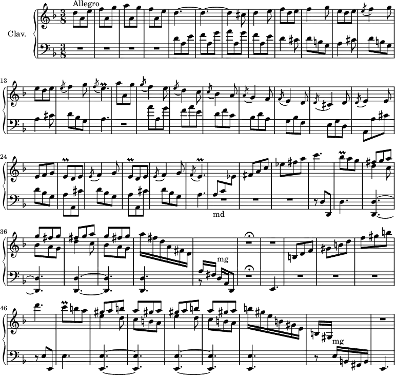 
\version "2.18.2"
\header {
  tagline = ##f
  % composer = "Domenico Scarlatti"
  % opus = "K. 295"
  % meter = "Allegro"
}

%% les petites notes
trillEq     = { \tag #'print { e8\prall } \tag #'midi { f32 e f e } }
trillEp     = { \tag #'print { \acciaccatura f8 e4.\prall } \tag #'midi { e32 f e f e~ e32~ e16~   \tempo 4. = 60 e8   \tempo 4. = 92 } }
trillBesq   = { \tag #'print { bes8\prall } \tag #'midi { c32 bes c bes } }
trillCq     = { \tag #'print { c8\prall } \tag #'midi { d32 c d c } }

upper = \relative c'' {
  \clef treble 
  \key d \minor
  \time 3/8
  \tempo 4. = 92
  \set Staff.midiInstrument = #"harpsichord"
  \override TupletBracket.bracket-visibility = ##f

      s8*0^\markup{Allegro}
      d8 a e' | f a, g' | a a, g' | f a, e' | d4.~ | d~ | d4 cis8 |
      % ms. 8
      d4 e8 | f d e | f4 g8 | \repeat unfold 2 { e d e | \acciaccatura e8 f4 g8 } | \trillEp 
      % ms. 16
      a8 a, g' | \acciaccatura g8 f4 e8 | \acciaccatura e8 d4 c8 | \acciaccatura c8 bes4 a8 | \acciaccatura a8 g4 f8 | \acciaccatura f8 e4 d8 | \acciaccatura d8 cis4 d8 | \acciaccatura d8 e4 e8 |
      % ms. 24
      e8 f g | \repeat unfold 2 { \trillEq d8 e | \acciaccatura e8 f4 g8 } | \trillEp |  \stemUp  \change Staff = "lower" a,8_\markup{md} c \stemNeutral  \change Staff = "upper"  ees fis a c |
      % ms. 32
      ees fis a | c4. | \trillBesq a8 g | \repeat unfold 2 { << { fis8 g a | g fis g } \\ { d4 c8 | bes a g } >> } | a'16 fis d a fis d 
      % ms. 40
       \stemUp  \change Staff = "lower" a[ fis]  \stemNeutral  \change Staff = "upper" s4 | R4.\fermata R4. | b8 d f | gis b d | f gis b | d4. | \trillCq b8 a |
      % ms. 48
      \repeat unfold 2 { << { gis a b | a gis a } \\ { e4 d8 | c b a } >> } | b'16 gis e b gis e | b[ gis] s4 | 
      % ms. 54
      R4.

}

lower = \relative c' {
  \clef bass
  \key d \minor
  \time 3/8
  \set Staff.midiInstrument = #"harpsichord"
  \override TupletBracket.bracket-visibility = ##f

    % **************************************
       R4.*4 | d8 a e' | f a, g' | a a, g' |
      % ms. 8
      f8 a, e' | d4 cis8 | \repeat unfold 2 { d8 b g | a4 cis8 } | d bes g | a4. |
      % ms. 16
      R4. | a'8 a, g' | f a e | d f c | bes d a | g bes f | e g d | a a' cis |
      % ms. 24
      \repeat unfold 2 { d8 bes g | a a, cis' } | d8 bes g | a4. | R4.*3 |
      % ms. 33
      r8 d,8 d, | d'4. | < d, d' >4.~ q | q~ | q | q
      % ms. 40
      r8 d'16^\markup{mg} a \tempo 4. = 60 d,8 \tempo 4. = 92 | R4.\fermata e4. | R4.*3 | r8 e'8 e, | e'4. |
      % ms. 48
      < e, e' >4.~ | q | q~ | q | q | r8 e'16^\markup{mg} b gis b 
      % ms. 54
      e,4. | 

}

thePianoStaff = \new PianoStaff <<
    \set PianoStaff.instrumentName = #"Clav."
    \new Staff = "upper" \upper
    \new Staff = "lower" \lower
  >>

\score {
  \keepWithTag #'print \thePianoStaff
  \layout {
      #(layout-set-staff-size 17)
    \context {
      \Score
     \override SpacingSpanner.common-shortest-duration = #(ly:make-moment 1/2)
      \remove "Metronome_mark_engraver"
    }
  }
}

\score {
  \keepWithTag #'midi \thePianoStaff
  \midi { }
}
