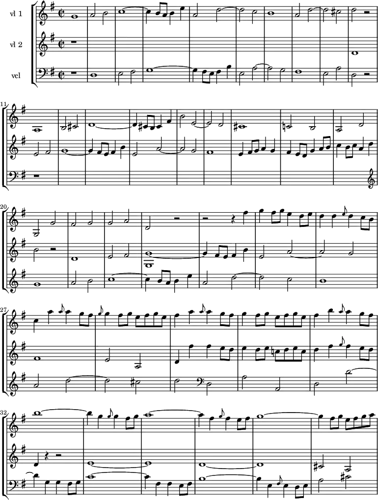 \version "2.14.2"
\header {
tagline = ##f
}
global= {
\time 2/2
\key g \major
\tempo 2 = 100
\set Staff.midiInstrument = #"violin"
}
%%%%% D'après le manuscrit BnF
violonO = \new Voice \relative c'' {
\set Staff.instrumentName = #"vl 1"
g1 a2 b c1~ c4 b8 a b4 e a,2 d~ d c b1 a2 d~
d cis d r2
% Mesure 11
a,1 b2 cis d1~ d4 cis8 b cis4 fis b2 e,~ e d
cis1 c!2 b a d g, g' fis g g a d, r2
% Mesure 23
r2 r4 fis'4 g fis8 g e4 d8 e d4 d \grace {e8} d4 c8 b c4 a' \grace {a8} a4 g8 fis
\grace {g8} g4 fis8 g e8 fis g e fis4 a \grace {a8} a4 g8 fis g4 fis8 g e fis g e
% Mesure 30
fis4 b \grace {a8} a4 g8 fis b1~ b4 g \grace {g8} g4 fis8 g a1~ a4 fis \grace {g8} fis4 e8 fis g1~ g4 fis8 g e fis g a
}
violonOO = \new Voice \relative c' {
\set Staff.instrumentName = #"vl 2"
\clef treble
{
r1*9
% mesure 10
d1 e2 fis g1~ g4 fis8 e fis4 b e,2 a2~ a g fis1
e4 fis8 g a4 g fis e8 d g4 a8 b c4 b8 c a4 d b2 r2
% Mesure 21
d,1 e2 fis < g g, >1~
g4 fis8 e fis4 b e,2 a~ a g fis1 e2 a, d4 fis'4 fis e8 d e4 d8 e c!8 d e c
d4 fis \grace {g8} fis4 e8 d d,4 r4 r2
% Mesure 33
e1~ e d~ d cis2 a
}
}
violoncelle = \new Voice \relative c {
\set Staff.instrumentName = #"vcl"
\clef bass
r1 d1 e2 fis g1~ g4 fis8 e fis4 b e,2 a~ a g fis1
e2 a d, r2 r1*9
\clef treble
g'1 a2 b c1~ c4 b8 a b4 e
a,2 d~ d c b1 a2 d~ d cis d
\clef bass
d,,2 a' a, d d'~ d4 g, g fis8 g c1~
% Mesure
c4 fis, fis e8 fis b1~ b4 e, \grace {fis8} e4 d8 e a2 cis
}
\score {
\new StaffGroup <<
\new Staff << \global \violonO >>
\new Staff << \global \violonOO >>
\new Staff << \global \violoncelle >>
>>
\layout {
\context {
\Score
\remove "Metronome_mark_engraver"
}
}
\midi { }
}
