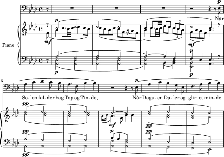 \version "2.18.2"
\header {
tagline = ##f
}
%%%% Ole Olsen, Solefaldssang, incipit
%%%% écouter : https://soundcloud.com/theoneaffeks/solefaldssang-fra-svein-uraed-op-60-ole-olsen (1938)
%%%%%% VOIX %%%%%
melody = \relative c {
\clef bass
\key aes \major
\time 4/4
\tempo 4 = 60
\override TupletBracket #'bracket-visibility = ##f
\partial 8 r8 R1*3 r2 r4 r8
ees8^\p\( aes4 c des c8 bes | aes4. f8 bes4 bes\) r2 r4 r8 ees,8^\p\( aes4 c bes g8 ees | f4. aes8 bes4 bes\)
}
text = \lyricmode {
Når So- len fal- der bag Top og Tin- de, % Når Solen falder bag Top og Tinde
Når Dagu- en Da- ler og glir et min- de
}
%%%%%% PIANO %%%%%
upper = \relative c' {
\clef treble
\key aes \major
\time 4/4
\override TupletBracket #'bracket-visibility = ##f
<< { r8 | c'2^\p( des des des) | c4( c8. bes32 c ees8 des \times 2/3 { c bes aes } | des2 c4.) r8 } \\ { ees,8\mf( | aes4 c8. bes32 c des4 c8 bes) | c( bes aes c bes f \acciaccatura aes8 g8 ees | aes4)( c8. bes32 c ees8 des \times 2/3 { c bes aes) } f8\mf( aes g ees) aes4. s8 } >>
%% ms. 5
<< { ees'2^\pp( ees ees ees) | des~ des } \\ { c2( < bes des > < aes c > < bes des >) | \grace { aes16( bes } aes4.)\mf f8 bes4 bes } >>
%% ms. 8
<< { ees2( ees des des) } \\ { c2\pp( < g bes > < f aes > g) } >>
}
lower = \relative c' {
\clef bass
\key aes \major
\time 4/4
r8 |
<< { aes2( g | aes g | aes~) aes4 f f^\p ees ees4. r8 } \\ { < aes, ees' >2\p( < aes ees' > < aes f' > < aes ees' > q) bes4( < des bes >) < ees, bes' >2\p aes4. s8 } >>
%% ms. 5
<< { aes'2^\pp( g f g) bes4^\p( aes g2) | aes2^\pp( ees des ees) } \\ { aes,2\pp( aes aes aes) | < aes f' >( < aes ees' > | aes2 g f ees) } >>
}
\score {
<<
\new Voice = "mel" { \autoBeamOff \melody }
\new Lyrics \lyricsto mel \text
\new PianoStaff <<
\set PianoStaff.instrumentName = #"Piano"
\new Staff = "upper" \upper
\new Staff = "lower" \lower
>>
>>
\layout {
#(layout-set-staff-size 17)
\context { \Staff \RemoveEmptyStaves }
\context { \Score \remove "Metronome_mark_engraver"
\override SpacingSpanner.common-shortest-duration = #(ly:make-moment 1/2)
}
%\override SpacingSpanner.common-shortest-duration = #(ly:make-moment 1/2)
}
\midi { }
}