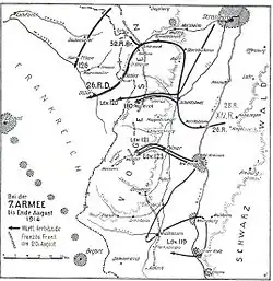 Carte des mouvements de troupes allemands, se concentrant vers la Lorraine.
