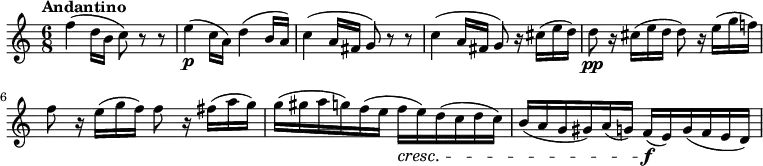 \relative c'' {
\version "2.18.2"
\clef "treble"
\tempo "Andantino"
\key c \major
\time 6/8
f4 (d16 b c8) r8 r8
e4 \p (c16 a) d4 (b16 a)
c4 (a16 fis g8) r8 r8
c4 (a16 fis g8) r16 cis16 (e d)
d8 \pp r16 cis16 (e d d8) r16 e16 (g f!)
f8 r16 e16 (g f) f8 r16 fis16 (a g)
g (gis a g) f (e f\cresc e) d (c d c)
b (a g gis) a (g) f\f (e) g (f e d)
}