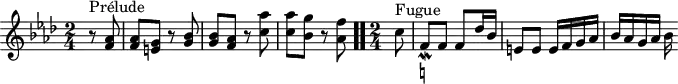 
\version "2.18.2"
\header {
  tagline = ##f
}

\score {
  \new Staff \with {

  }
<<
  \relative c'' {
    \key f \minor
    \time 2/4

     %% INCIPIT CBT II-12, BWV 881, fa mineur
     \partial 4
     r8^\markup{Prélude} < aes f >8 | q < g e > r8 < bes g > | q < aes f > r8 < aes' c, > | q < g bes, > r8 < f aes, > \bar ".."
     \time 2/4 \partial 8
     c8^\markup{Fugue} f,_\mordent-\markup { \natural } f f des'16 bes e,8 e e16 f g aes bes aes g aes bes

  }
>>
  \layout {
     \context { \Score \remove "Metronome_mark_engraver" }
  }
  \midi {}
}
