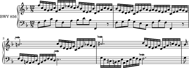 
\version "2.18.2"
\header {
  tagline = ##f
}

UpMordbBp     = { \tag #'print { b2.^\markup{ \musicglyph #"scripts.upmordent" } } \tag #'midi { a32 b \repeat unfold 2 { c32 b c b c b~ } b4 } }
UpMordeBp     = { \tag #'print { e2.^\markup{ \musicglyph #"scripts.upmordent" } } \tag #'midi { d32 e \repeat unfold 2 { f e f e f e~ } e4 } }

DownMordcisBp = { \tag #'print { cis2.^\markup{ \musicglyph #"scripts.downmordent" } } \tag #'midi { d32 c b c d c d c d~ d2 } }
DownMordfBp   = { \tag #'print { f2.^\markup{ \musicglyph #"scripts.downmordent" } } \tag #'midi { g32 f e f g f g f g f2 } } 


upper = \relative c'' {
    \clef treble 
    \key f \major
    \time 12/8
    \tempo 4 = 84 % tempo de Keller
    \set Staff.midiInstrument = #"harpsichord" 

   %% PRÉLUDE CBT I-11, BWV 856, fa majeur
   \stemUp f16 c a g a c f, a c ees d c d bes f e f bes d, f a c bes a | bes g e d e g c, e g bes a g a g f e f a c, e f a g f |
   \UpMordbBp c16 g e d e g c, e g bes a g | \DownMordcisBp  d16 a f e f a d, f a c bes a bes
}

lower = \relative c' {
    \clef bass 
    \key f \major
    \time 12/8
    \set Staff.midiInstrument = #"harpsichord" 

    f,8 a c a f a bes d bes f,4 r8 | f'8 g bes g e c f a f f,4 r8 | f'16 d b a b d g, b d f e d \UpMordeBp 
    g16 e cis b cis e a, cis e g f e \DownMordfBp g8 
} 

 thePianoStaff = \new PianoStaff <<
    \set PianoStaff.instrumentName = #"BWV 856"
    \new Staff = "upper" \upper
    \new Staff = "lower" \lower
  >>

\score {
  \keepWithTag #'print \thePianoStaff
  \layout {
    \context {
      \Score
      \remove "Metronome_mark_engraver"
      \override SpacingSpanner.common-shortest-duration = #(ly:make-moment 1/2) 
    }
  }
}

\score {
  \keepWithTag #'midi \thePianoStaff
  \midi { }
}
