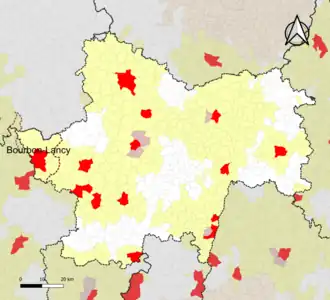 Localisation de l'aire d'attraction de Bourbon-Lancy dans le département de Saône-et-Loire.