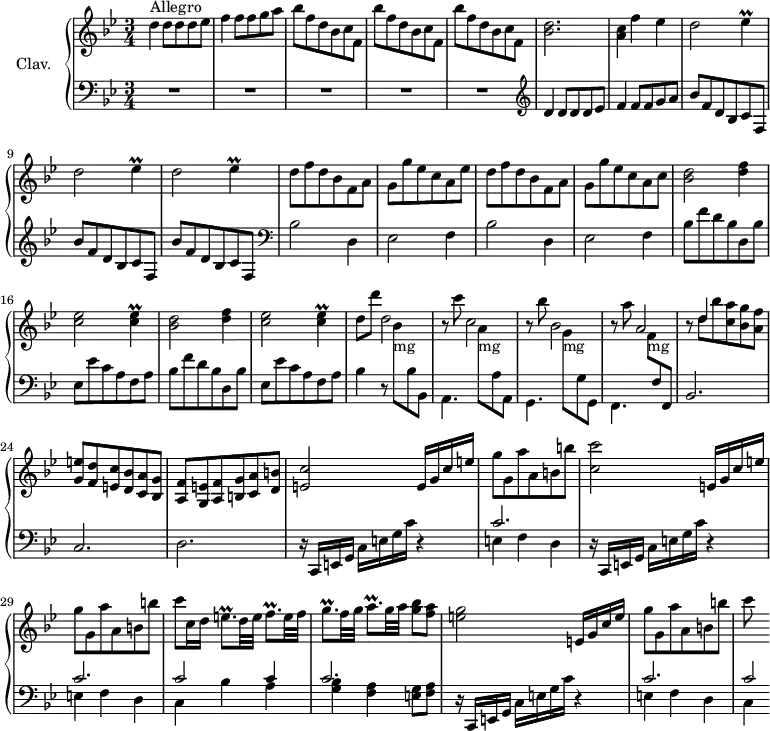 
\version "2.18.2"
\header {
  tagline = ##f
  % composer = "Domenico Scarlatti"
  % opus = "K. 551"
  % meter = "Allegro"
}

%% les petites notes
trillEes      = { \tag #'print { ees4\prall } \tag #'midi { f32 ees f ees~ ees8 } }
trillCEes     = { \tag #'print { < c ees >4\prall } \tag #'midi { << { f32 ees f ees~ ees8 } \\ { c4 } >> } }
trillEp       = { \tag #'print { e8.\prall } \tag #'midi { f32 e f e f e } }
trillFp       = { \tag #'print { f8.\prall } \tag #'midi { g32 f g f g f } }
trillGp       = { \tag #'print { g8.\prall } \tag #'midi { a32 g a g a g } }
trillAp       = { \tag #'print { a8.\prall } \tag #'midi { bes32 a bes a bes a } }

upper = \relative c'' {
  \clef treble 
  \key bes \major
  \time 3/4
  \tempo 4 = 120
  \set Staff.midiInstrument = #"harpsichord"
  \override TupletBracket.bracket-visibility = ##f

      s8*0^\markup{Allegro}
      d4 d8 d d ees | f4 f8 f g a | \repeat unfold 3 { bes f d bes c f, }
      % ms. 6
      < bes d >2. | < a c >4 f' ees | \repeat unfold 3 { d2 \trillEes } 
      % ms. 11
      d8 f d bes f a | g g' ees c a ees' | d f d bes f a | g g' ees c a c | \repeat unfold 2 { < bes d >2 < d f >4 |
      % ms. 16
      < c ees >2 \trillCEes } | d8 d' d,2 | r8 c'8 c,2 |
      % ms. 21 
      r8 bes'8 bes,2 | r8 a'8 a,2 | r8 << { d4 } \\ { d8[ bes' < c, a' >8 < bes g' > < a f' >] } >> | < g e' > < f d' > < e c' > < d bes' > < c a' > < bes g' > | < a f' > < g e' > < a f' > < b g' > < c a' > < d b' > |
      % ms. 26
      < e c' >2 e16 g c e | g8 g, a' a, b b' | < c, c' >2 e,16 g c e | g8 g, a' a, b b' |
      % ms. 30 
      c8 c,16 d \trillEp d32 e \trillFp e32 f  | \trillGp f32 g \trillAp g32 a < g bes >8  < f a > | < e g >2 e,16 g c e | g8 g, a' a, b b' |
      % ms. 34
      c8

}

lower = \relative c' {
  \clef bass
  \key bes \major
  \time 3/4
  \set Staff.midiInstrument = #"harpsichord"
  \override TupletBracket.bracket-visibility = ##f

    % ************************************** \appoggiatura a16  \repeat unfold 2 {  } \times 2/3 { }   \omit TupletNumber 
      R2.*5 |   \clef treble  d4 d8 d d ees | f4 f8 f g a | \repeat unfold 3 { bes f d bes c f, }   \clef bass
      % ms. 11
      bes2 d,4 | ees2 f4 | bes2 d,4 | ees2 f4 | \repeat unfold 2 { bes8 f' d bes d, bes' |
      % ms. 16
      ees,8 ees' c a f a } bes4 r8  \stemDown \change Staff = "upper"  bes'8-\markup{mg} \change Staff = "lower" bes, bes, | a4. \stemDown \change Staff = "upper" a''8-\markup{mg} \change Staff = "lower" a, a, | 
      % ms. 21
      g4. \stemDown \change Staff = "upper" g''8-\markup{mg} \change Staff = "lower" g, g, | f4. \stemDown \change Staff = "upper" f''8-\markup{mg} \stemNeutral \change Staff = "lower" f, f, | bes2. | c | d |
      % ms. 26
      \repeat unfold 2 { r16 c,16 e g c e g c r4 | << { c2. } \\ { e,4 f d } >> }
      % ms. 30
      << { c'2 c4 | c2. } \\ { c,4 bes' a | < g bes > < f a > < e g >8 < f a > } >> | r16 c,16 e g c e g c r4 | << { c2. } \\ { e,4 f d } >>
      % ms. 34
      << { c'2*1/2 } \\ { c,4  } >>

}

thePianoStaff = \new PianoStaff <<
    \set PianoStaff.instrumentName = #"Clav."
    \new Staff = "upper" \upper
    \new Staff = "lower" \lower
  >>

\score {
  \keepWithTag #'print \thePianoStaff
  \layout {
      #(layout-set-staff-size 17)
    \context {
      \Score
     \override SpacingSpanner.common-shortest-duration = #(ly:make-moment 1/2)
      \remove "Metronome_mark_engraver"
    }
  }
}

\score {
  \keepWithTag #'midi \thePianoStaff
  \midi { }
}
