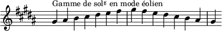 \relative c'' {
\key gis \aeolian
\clef treble \time 7/4 \hide Staff.TimeSignature gis4^\markup { Gamme de sol♯ en mode éolien } ais b cis dis e fis gis fis e dis cis b ais gis
}