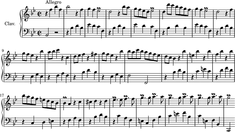 \version "2.18.2"
\header {
tagline = ##f
% composer = "Domenico Scarlatti"
% opus = "K. 154"
% meter = "Allegro"
}
%% les petites notes
trillEesb = { \tag #'print { ees2\prall } \tag #'midi { f16 ees f ees~ ees4 } }
trillBes = { \tag #'print { bes4\prall } \tag #'midi { c16 bes c bes } }
trillEesq = { \tag #'print { ees4.\prall } \tag #'midi { f16 ees f ees~ ees8 } }
trillFq = { \tag #'print { f4.\prall } \tag #'midi { g16 f g f~ f8 } }
trillGq = { \tag #'print { g4.\prall } \tag #'midi { a16 g a g~ g8 } }
trillFAq = { \tag #'print { a4.\prall } \tag #'midi { bes16 a bes a~ a8 } }
trillGb = { \tag #'print { g2\prall } \tag #'midi { a16 g a g~ g4 } }
upper = \relative c'' {
\clef treble
\key bes \major
\time 2/2
\tempo 2 = 90
\set Staff.midiInstrument = #"harpsichord"
\override TupletBracket.bracket-visibility = ##f
s8*0^\markup{Allegro}
r4 f4 bes f | bes2 r4 f4 | g f \trillEesb | d2 r4 bes'8 a | g f ees d \trillEesb |
% ms. 6
d4 d'8 c bes a g f | g4 f \trillEesb | d2 r4 f4 | g8 f ees4 r4 bes' | a8 bes c4 r4 c,4 |
% ms. 11
d8 ees f4 r4 fis4 | g8 f ees4 r4 bes'4 | bes8 a c bes a g f ees | d c bes4 r4 bes'4 | e, bes' r4 bes4 |
% ms. 16
f4 bes r4 bes4 | bes8 a g f e d c bes | \trillBes a4 r4 c4 | cis d r4 d4 | \trillEesq ees8 \trillFq f8 |
% ms. 21
\repeat unfold 3 { \trillGq g8 \trillFAq a8 } | \trillGb
% ms. 26
}
lower = \relative c' {
\clef bass
\key bes \major
\time 2/2
\set Staff.midiInstrument = #"harpsichord"
\override TupletBracket.bracket-visibility = ##f
% ************************************** \appoggiatura a16 \repeat unfold 2 { } \times 2/3 { } \omit TupletNumber
bes,2 r2 | \repeat unfold 3 { r4 bes'4 d bes | ees d c f, } |
% ms. 8
r4 bes4 d bes | r4 ees,4 g ees | r4 f4 a f |
% ms. 11
r4 bes4 d bes | r4 ees,4 g ees | f2 f, | r4 bes'4 d bes | r4 c4 e c |
% ms. 16
r4 d4 f d | r4 c,4 d e | r4 f a f | r4 bes d bes | r4 c a f |
% ms. 21
e4 c f bes | c e f bes, | c e, f bes, | c,2
% ms. 26
}
thePianoStaff = \new PianoStaff <<
\set PianoStaff.instrumentName = #"Clav."
\new Staff = "upper" \upper
\new Staff = "lower" \lower
>>
\score {
\keepWithTag #'print \thePianoStaff
\layout {
#(layout-set-staff-size 17)
\context {
\Score
\override SpacingSpanner.common-shortest-duration = #(ly:make-moment 1/2)
\remove "Metronome_mark_engraver"
}
}
}
\score {
\keepWithTag #'midi \thePianoStaff
\midi { }
}