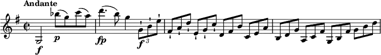 
\relative c'' {
  \version "2.18.2"
  \key g \major
  \time 2/2
  \tempo "Andante"
  \tempo 4 = 70
  g,2 \f bes''8\p (g) c (a)
  d4. \fp (b8) g4 \tuplet 3/2 { g,8-!\f b-! e-! } \scaleDurations 2/3 { fis,8-! [a-! d-!] }
  \scaleDurations 2/3 {e,-! [g-! c-!]} \scaleDurations 2/3 {d, [fis b]} \scaleDurations 2/3 {c, [e a]}
  \scaleDurations 2/3 {b, [d g]} \scaleDurations 2/3 {a, [c fis]} \scaleDurations 2/3 {g, [b fis']} \scaleDurations 2/3 {g [b d]}
}
