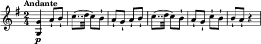
\relative c'' {
  \version "2.18.2"
  \key g \major
  \time 2/4
  \tempo "Andante"
  \tempo 4 = 70
  < g, g'>4\p a'8-! b-! c8..
(d32 c8) b-! a-! g-! a-! b-! c8..
(d32 c8) b-! a-! g-! c-! b-! b-! a-! r4
}
