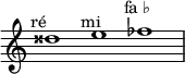 \relative c'' {
\time 3/1
\override Staff.TimeSignature #'stencil = ##f
disis1^\markup { \center-align "ré 𝄪" }
e^\markup { \center-align "mi" }
fes^\markup { \center-align "fa ♭" }
}