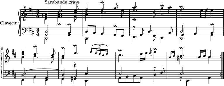 
\version "2.18.2"
\header {
  tagline = ##f
}

%% les petites notes
Mordgh     = { \tag #'print { g8\mordent[ } \tag #'midi { g32 fis g16 }  }
Mordeqp    = { \tag #'print { e4.\mordent } \tag #'midi { e32 d e16~ e4 }  }
Mordfisq   = { \tag #'print { fis4\mordent) } \tag #'midi { fis32 e fis16~ fis8 }  }
Mordfisqp  = { \tag #'print { fis4.\mordent } \tag #'midi { fis32 e fis16~ fis4 }  }

Prallcisqp = { \tag #'print { cis4.\prall } \tag #'midi { \times 2/3 { d32 cis d } cis16~ cis4 }  }
Prallfisq  = { \tag #'print { fis4.\prall } \tag #'midi { \times 2/3 { g32 fis g } fis16~ fis4 }  }
Pralldqp   = { \tag #'print { d4.\prall } \tag #'midi { \times 2/3 { e32 d e } d16~ d4 }  }

Prallcisq  = { \tag #'print { cis4\prall } \tag #'midi { \times 2/3 { d32 cis d } cis16~ gis8 }  }
Prallbq    = { \tag #'print { b4\prall } \tag #'midi { \times 2/3 { cis32 b cis } b16~ b8 }  }
Prallbqp   = { \tag #'print { b4.\prall } \tag #'midi { \times 2/3 { cis32 b cis } b16~ b4 }  }

Prallah    = { \tag #'print { a8\prall } \tag #'midi { \times 2/3 { b32 a b } a16 }  }

upper = \relative c' {
  \clef treble 
  \key d \major
  \time 3/4
  \tempo 4 = 60
  \set Staff.midiInstrument = #"harpsichord"
  \override TupletBracket #'bracket-visibility = ##f

\repeat volta 4 {
  << { < fis a >4\arpeggio^"Sarabande grave" < a d >4. < cis e >8  } \\ { d,4\arpeggio \Mordfisqp g8 } >>
  << { < d' fis >4 \Mordfisq g8  } \\ { a,4 d4. e8 } >>
  << { a4.  } \\ { \Mordfisqp } >> d8 \Mordgh a8] 
  \Mordfisqp e16 fis e4
  << { < d fis >4 \Pralldqp cis8  } \\ { a4 b4. a8 } >>
  << { \Prallbq \Mordeqp {\grace \times 8/5 { fis8([ e16 d cis d]) }} s8 } \\ { g,4 } >>
  \Prallcisqp d16 e \grace e8( \Mordfisq 
  << { \grace { a,16[ b16] } \Prallbqp a16 b a4 } \\ { gis!2 a4 } >>
  }
}

lower = \relative c, {
  \clef bass
  \key d \major
  \time 3/4
  \set Staff.midiInstrument = #"harpsichord"
    % **************************************
\repeat volta 4 {
   << { < d' a >2 \Prallcisq } \\ { d2 < a' >4 } >>
   << { d8 cis b4 \Prallah g8 } \\ { d4 } >>
   << { r8 a'8 d4. cis8 } \\ { fis,4. g8 e4 } >>
   << { d'2 \Prallcisq } \\ { d2 a'4 } \\ { a4 b } >>
   << { d2.( } \\ { fis,4 b fis } \\ { s2 a4 } >>
   << { d4) r4 e } \\ { g,4 gis e }  \\ { s4 b'2 } >>
   << { e2 r8 fis8 } \\ { a,8 b cis a d4 } >>
   << { e2. } \\ { r8 e,4 s8 a4 } >>
   }
}

thePianoStaff = \new PianoStaff <<
    \set PianoStaff.instrumentName = #"Clavecin"
    \new Staff = "upper" \upper
    \new Staff = "lower" \lower
  >>

\score {
  \keepWithTag #'print \thePianoStaff
  \layout {
    \context {
      \Score
      \remove "Metronome_mark_engraver"
    }
  }
}

\score {
  \keepWithTag #'midi \thePianoStaff
  \midi { }
}
