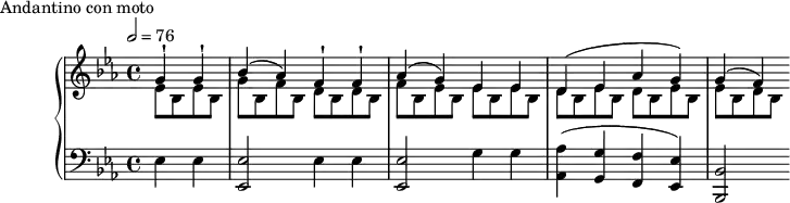 
\version "2.18.2"
\header {
  tagline = ##f
}
upper = \relative c'' {
  \clef treble 
  \key ees \major
  \time 4/4
  \tempo 2 = 76
  \override TupletBracket.bracket-visibility = ##f

   %%Montgeroult — Étude 17 (pdf p. 48)
   \partial 2
   << { g4-! g-! bes^( aes) f-! f-! aes( g) ees ees d^( ees aes g) g^( f) } \\ { \repeat unfold 2 { ees8 bes } | g'8 bes, f' bes, \repeat unfold 2 { d8 bes } f' bes, ees bes \repeat unfold 2 { ees8 bes } | \repeat unfold 2 { d8 bes ees bes } ees8 bes d bes } >>

}

lower = \relative c {
  \clef bass
  \key ees \major
  \time 4/4

   \repeat unfold 2 { ees4 ees < ees ees, >2 }
   g4 g < aes aes, >4( < g g, > < f f, > < ees ees, >) < bes bes, >2
}

  \header {
    piece = "Andantino con moto"
  }

\score {
  \new PianoStaff <<
    \new Staff = "upper" \upper
    \new Staff = "lower" \lower
  >>
  \layout {
    \context {
      \Score
      
    }
  }
  \midi { }
}
