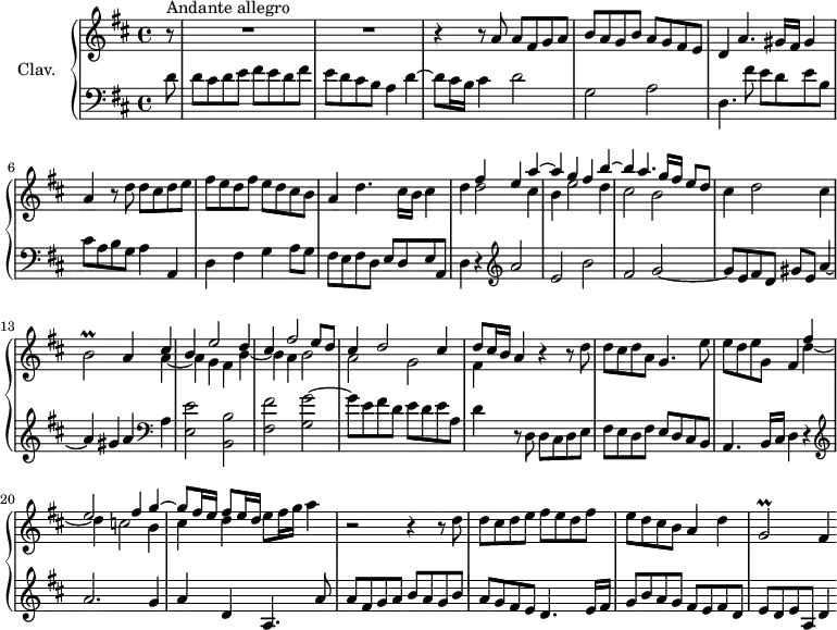 \version "2.18.2"
\header {
tagline = ##f
% composer = "Domenico Scarlatti"
% opus = "K. 287"
% meter = "Andante allegro"
}
%% les petites notes
trillBb = { \tag #'print { b2\prall } \tag #'midi { cis32 b cis b~ b8~ b4 } }
trillGbDown = { \tag #'print { g,2\prall } \tag #'midi { a32 g a g~ g8~ g4 } }
upper = \relative c'' {
\clef treble
\key d \major
\time 4/4
\tempo 4 = 122
\set Staff.midiInstrument = #"church organ"
\override TupletBracket.bracket-visibility = ##f
\partial 8
s8*0^\markup{Andante allegro}
r8 | R1*2 | r4 r8 a8 a fis g a | b a g b a g fis e |
% ms. 5
d4 a'4. gis16 fis gis4 | a r8 d8 d cis d e | fis e d fis e d cis b | a4 d4. cis16 b cis4 |
% ms. 9
d4 << { fis4 e a~ | a g fis b~ | b a4. g16 fis e8 d } \\ { d2 cis4 | b e2 d4 | cis2 b } >> | cis4 d2 cis4 | \trillBb a4
% ms. 13 fin
<< { cis4 | b e2 d4 | cis fis2 e8 d | cis4 d2 cis4 | d8 cis16 b a4 } \\ { a4~ | a4 g fis b~ | b a b2 | a g | fis4 } >> r4 r8 d'8 | d cis d a g4. e'8 |
% ms. 19
e8 d e g, fis4 << { fis'4 | e2 fis4 g~ | g8 fis16 e fis8 e16 d } \\ { d4~ | d4 c2 b4 | cis d } >> e8 fis16 g a4 | r2 r4 r8 d,8 |
% ms. 23
d8 cis d e fis e d fis | e d cis b a4 d | \trillGbDown fis4
}
lower = \relative c' {
\clef bass
\key d \major
\time 4/4
\set Staff.midiInstrument = #"church organ"
\override TupletBracket.bracket-visibility = ##f
% ************************************** \appoggiatura a16 \repeat unfold 2 { } \times 2/3 { } \omit TupletNumber
d8 | d cis d e fis e d fis | e d cis b a4 d~ | d8 cis16 b cis4 d2 | g, a |
% ms. 5
d,4. fis'8 e d e b | cis a b g a4 a, | d fis g a8 g | fis e fis d e d e a, |
% ms. 9
d4 r4 \clef treble a''2 e b' | fis g2~ | g8 e fis d gis e a4~ | a gis a \clef bass a, |
% ms. 14
< e e' >2 < b b' > | < fis' fis' > < g g' >~ | g'8 e fis d e d e a, | d4 r8 d,8 d cis d e | fis e d fis e d cis b |
% ms. 19
a4. b16 cis d4 r4 | \clef treble a''2. g4 | a d, a4. a'8 | a fis g a b a g b |
% ms. 23
a8 g fis e d4. e16 fis | g8 b a g fis e fis d | e d e a, d4
}
thePianoStaff = \new PianoStaff <<
\set PianoStaff.instrumentName = #"Clav."
\new Staff = "upper" \upper
\new Staff = "lower" \lower
>>
\score {
\keepWithTag #'print \thePianoStaff
\layout {
#(layout-set-staff-size 17)
\context {
\Score
\override SpacingSpanner.common-shortest-duration = #(ly:make-moment 1/2)
\remove "Metronome_mark_engraver"
}
}
}
\score {
\keepWithTag #'midi \thePianoStaff
\midi { }
}
