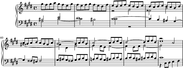 \version "2.18.2"
\header {
tagline = ##f
}
upper = \relative c''' {
\clef treble
\key cis \minor
\time 4/4
\tempo 4 = 110
%\autoBeamOff
\set Score.currentBarNumber = #36
gis8 fis gis a gis fis e gis fis e fis gis fis e dis fis
<< { e dis e fis e dis cis e dis cis dis e dis cis b dis cis b cis dis cis b ais cis } \\ { r2 gis2 fisis b ais1~ } >>
<< { b2~ b8 cis dis b cis2~ cis8 dis e cis dis2~ dis8 e fis dis e1 } \\ { ais,4 dis, gis2~ gis4 fis8 e fis2~ fis4 e8 fis gis2~ gis~ } \\ { s1*3 r2 cis2 } >>
}
lower = \relative c' {
\clef bass
\key cis \minor
\time 4/4
<< { bis2 e dis1 cis~ cis4 b ais gis~ gis fisis8 eis fisis2 } \\ { gis2 cis~ cis bis cis r2 } >>
<< { gis8 ais gis fisis gis ais b gis | a! b a gis ais b cis ais | b cis b ais bis cis dis bis } \\ {} >>
<< { cis1 } \\ { r4 cis,8 dis e4 fis } >>
}
\score {
\new PianoStaff <<
% \set PianoStaff.instrumentName = #"BWV 849"
\new Staff = "upper" \upper
\new Staff = "lower" \lower
>>
\layout {
\context {
\Score
\remove "Metronome_mark_engraver"
}
}
\midi { }
}