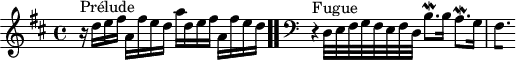 
\version "2.18.2"
\header {
  tagline = ##f
}

\score {
  \new Staff \with {

  }
<<
  \relative c'' {
    \key d \major
    \time 4/4

     %% INCIPIT CBT I-5, BWV 850, ré majeur
     r16^\markup{Prélude} d16 e fis a, fis' e d a' d, e fis a, fis' e d \bar ".."
      \skip 8*1
      \override Staff.Clef.extra-offset = #'( -1 . 0 )
      \clef bass 
      \partial 1
     r4^\markup{Fugue}  d,,32 e fis g fis e fis d b'8.\mordent b16 a8.\mordent g16 
{ 
 % suppression des warnings :
 #(ly:set-option 'warning-as-error #f)
 #(ly:expect-warning (_ "stem does not fit in beam")) %% <= à traduire éventuellement
 #(ly:expect-warning (_ "beam was started here")) %% <= à traduire éventuellement
  \set stemRightBeamCount = #1
  fis4.*1/4[ s]
}

  }
>>
  \layout {
     \context { \Score \remove "Metronome_mark_engraver" 
     \override SpacingSpanner.common-shortest-duration = #(ly:make-moment 1/2) 
}
  }
  \midi {}
}
