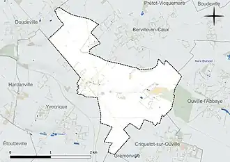 Carte en couleur présentant le réseau hydrographique de la commune