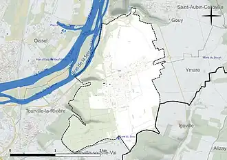Carte en couleur présentant le réseau hydrographique de la commune