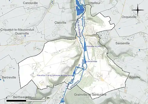 Carte en couleur présentant le réseau hydrographique de la commune