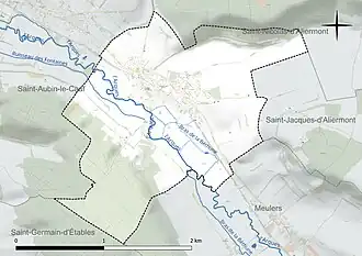 Carte en couleur présentant le réseau hydrographique de la commune