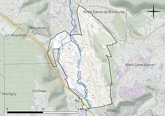 Carte en couleur présentant le réseau hydrographique de la commune