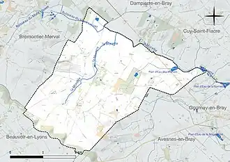 Carte en couleur présentant le réseau hydrographique de la commune