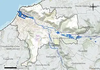 Carte en couleur présentant le réseau hydrographique de la commune