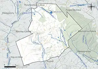 Carte en couleur présentant le réseau hydrographique de la commune