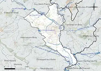 Carte en couleur présentant le réseau hydrographique de la commune