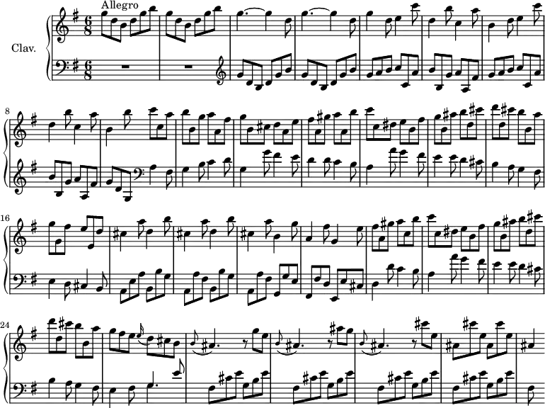 \version "2.18.2"
\header {
tagline = ##f
% composer = "Domenico Scarlatti"
% opus = "K. 241"
% meter = "Allegro"
}
%% les petites notes
%trillBesp = { \tag #'print { bes4.\prall } \tag #'midi { c32 bes c bes~ bes4 } }
upper = \relative c'' {
\clef treble
\key g \major
\time 6/8
\tempo 4. = 110
\set Staff.midiInstrument = #"harpsichord"
\override TupletBracket.bracket-visibility = ##f
s8*0^\markup{Allegro}
\repeat unfold 2 { g'8 d b d g b } | \repeat unfold 2 { g4.~ g4 d8 } |
% ms. 5
g4 d8 e4 c'8 | d,4 b'8 c,4 a'8 | b,4 d8 e4 c'8 | d,4 b'8 c,4 a'8 |
% ms. 9
b,4 b'8 c c, a' | b b, g' a a, fis' | g b, cis d a e' | fis a, gis' a a, b' | c c, dis e b fis' |
% ms. 14
g8 b, ais' b d, cis' | d d, cis' b b, a' | g g, fis' e e, d' | \repeat unfold 2 { cis4 a'8 d,4 b'8 } |
% ms. 19
cis,4 a'8 b,4 g'8 | a,4 fis'8 g,4 e'8 | fis a, gis' a c, b' | c c, dis e b fis' | g b, ais' b d, cis' |
% ms. 24
d8 d, cis' b b, a' | g fis e \appoggiatura e16 d8 cis b | \appoggiatura b8 ais4. r8 g'8 e | \appoggiatura b8 ais4. r8 ais'8 g |
% ms. 28
\appoggiatura b,8 ais4. r8 cis'8 e, | \repeat unfold 2 { ais,8 cis' e, } | ais,4
}
lower = \relative c' {
\clef bass
\key g \major
\time 6/8
\set Staff.midiInstrument = #"harpsichord"
\override TupletBracket.bracket-visibility = ##f
% ************************************** \appoggiatura a16 \repeat unfold 2 { } \times 2/3 { } \omit TupletNumber
R2.*2 | \repeat unfold 2 { \clef treble g'8 d b d g b } |
% ms. 5
\repeat unfold 2 { g8 a b c c, a' | b b, g' a a, fis' } |
% ms. 9
g8 d g, \clef bass a4 fis8 | g4 b8 c4 d8 | g,4 g'8 fis4 e8 | d4 d8 c4 b8 | a4 a'8 g4 fis8 |
% ms. 14
e4 e8 d4 cis8 | b4 a8 g4 fis8 | e4 d8 cis4 b8 | a e' a b, b' g | a, a' fis b, b' g |
% ms. 19
a,8 a' fis g, g' e | fis, fis' d e, e' cis | d4 d'8 c4 b8 | a4 a'8 g4 fis8 | e4 e8 d4 cis8 |
% ms. 24
b4 a8 g4 fis8 | e4 fis8 << { g4 e'8 } \\ { \mergeDifferentlyDottedOn g,4. } >> | \repeat unfold 4 { fis8 cis' e g, b e } |
% ms. 30
fis,8
}
thePianoStaff = \new PianoStaff <<
\set PianoStaff.instrumentName = #"Clav."
\new Staff = "upper" \upper
\new Staff = "lower" \lower
>>
\score {
\keepWithTag #'print \thePianoStaff
\layout {
#(layout-set-staff-size 17)
\context {
\Score
\override SpacingSpanner.common-shortest-duration = #(ly:make-moment 1/2)
\remove "Metronome_mark_engraver"
}
}
}
\score {
\keepWithTag #'midi \thePianoStaff
\midi { }
}