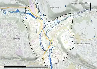 Carte en couleur présentant le réseau hydrographique de la commune