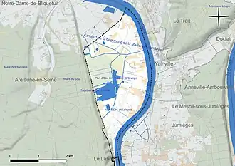 Carte en couleur présentant le réseau hydrographique de la commune