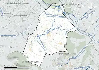 Carte en couleur présentant le réseau hydrographique de la commune
