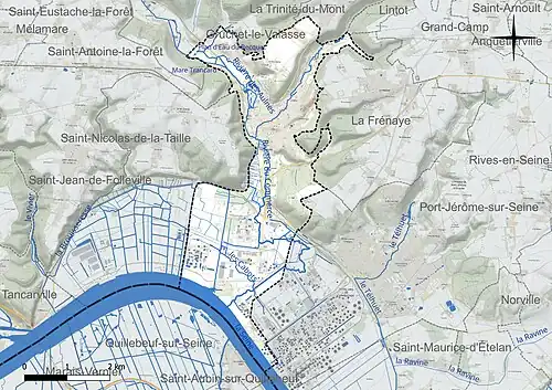 Carte en couleur présentant le réseau hydrographique de la commune