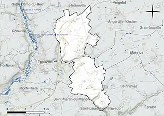 Carte en couleur présentant le réseau hydrographique de la commune