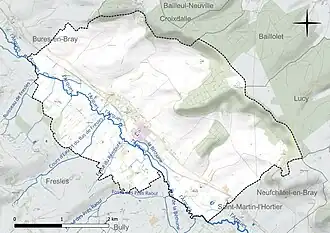 Carte en couleur présentant le réseau hydrographique de la commune